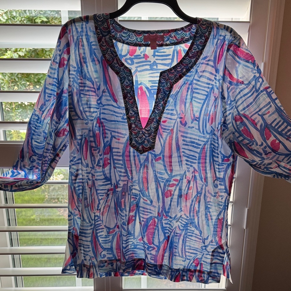 Lilly Pulitzer Cotton Tunic - Amelia Island Blue and Pink Sailboats  Size L VGUC